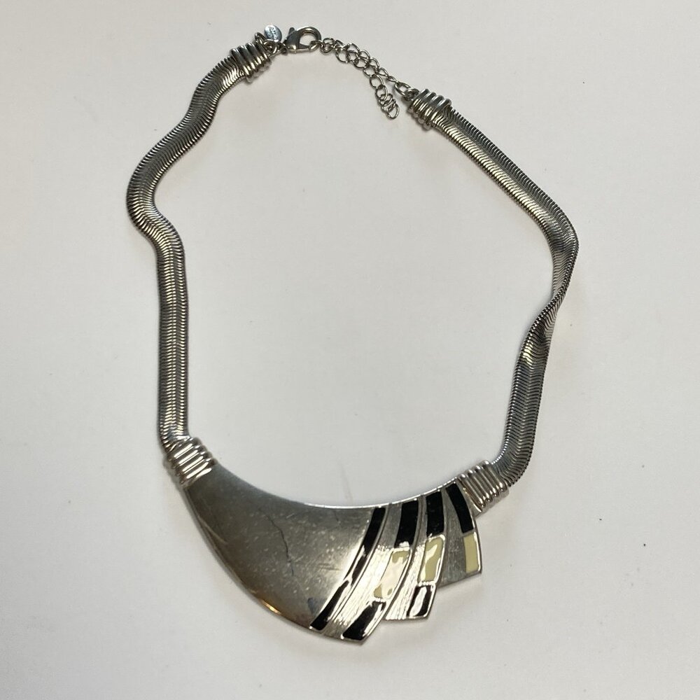 Chicos Bib Necklace Chunky Silvertone Enamel Deco Style Choker Modern Costume